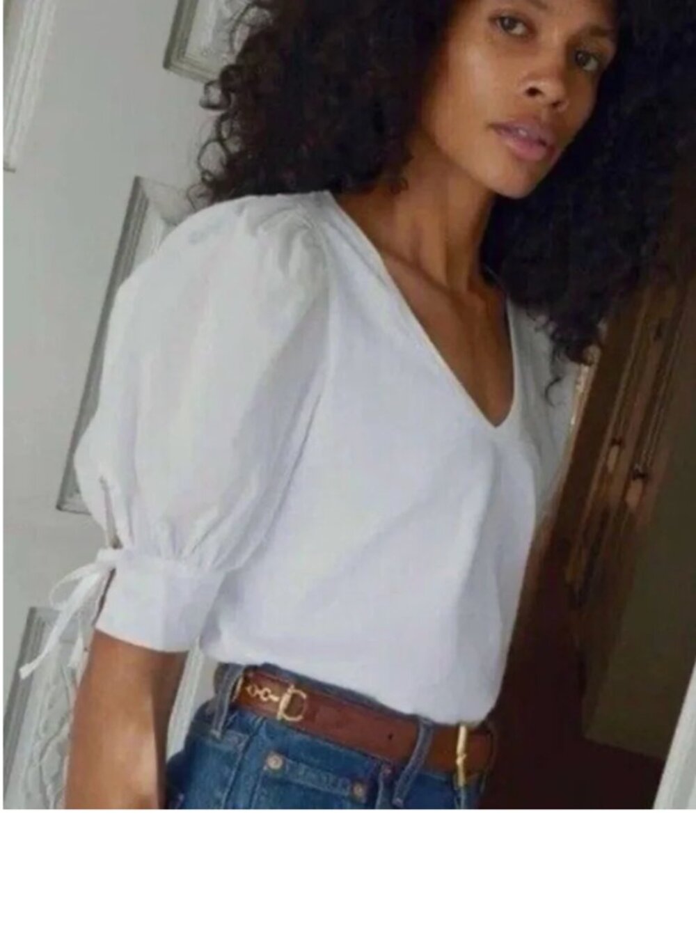 NATION LTD Kimberly White Puff Sleeve Top L Tie Cuff V Neck Quiet Luxury Cottage